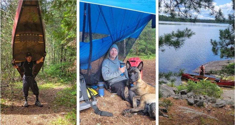 Three side by side photos show Ben Chamberlain portaging a canoe, sitting at a campsite with his dog, and sitting by the water next to his canoe. 