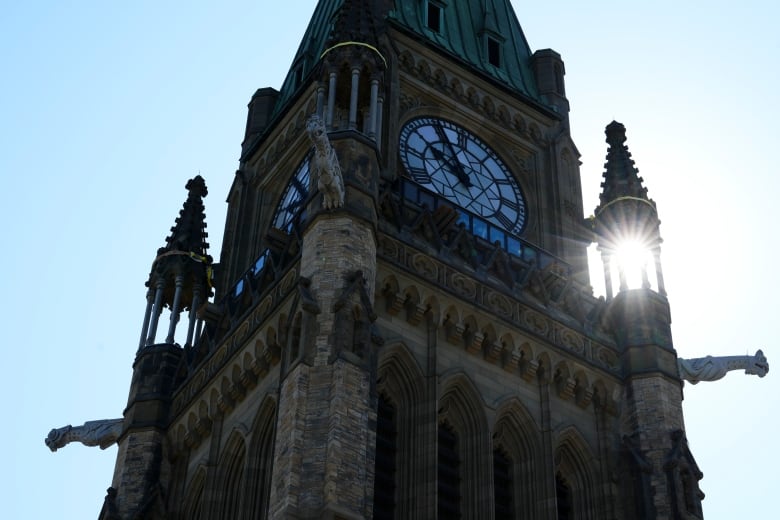 The Peace Tower is pictured from the roof of the Centre Block during a media tour of the Centre Block restoration project on Parliament Hill in Ottawa on Thursday, June 22, 2023.