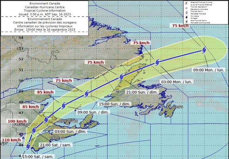 A map of the Atlantic provinces with windspeeds and times illustrated on either side of a blue track.