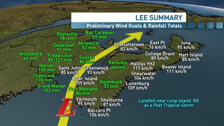 Graphic showing wind speeds and rainfall amounts.