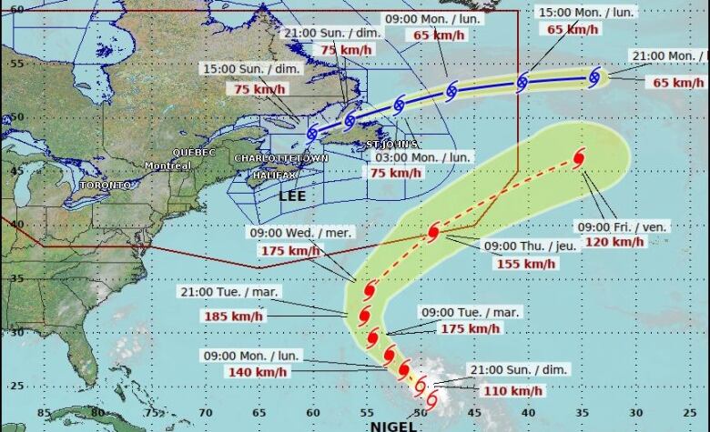 A map showing two separate tracks for hurricanes.