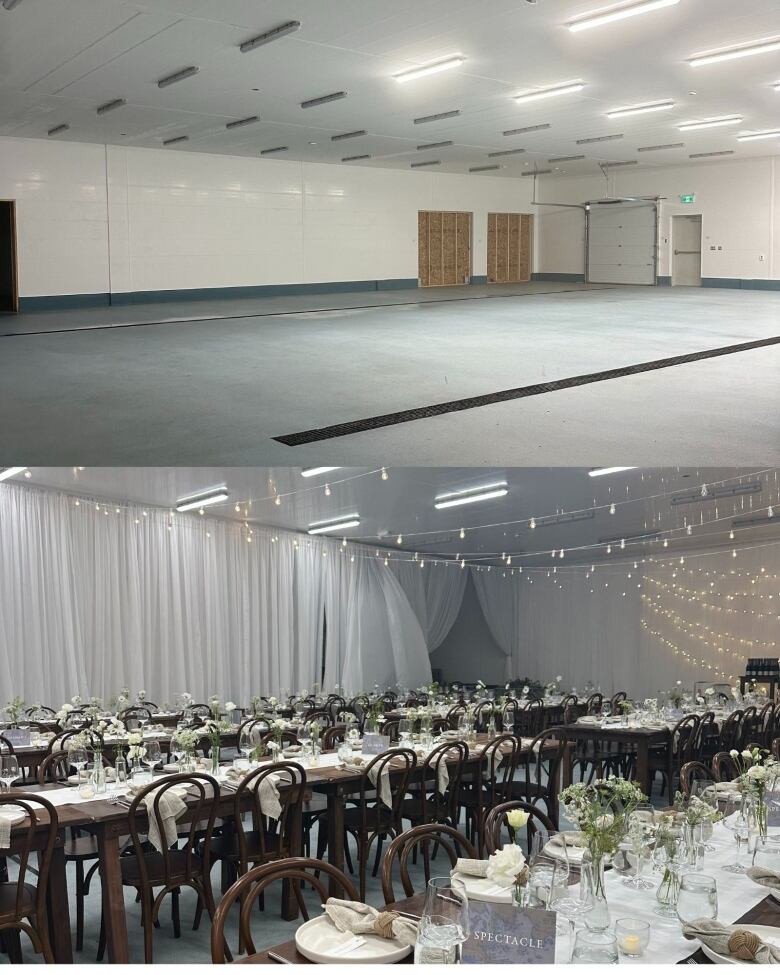 Before and after photos of a bare room transformed into a decorated wedding venue.