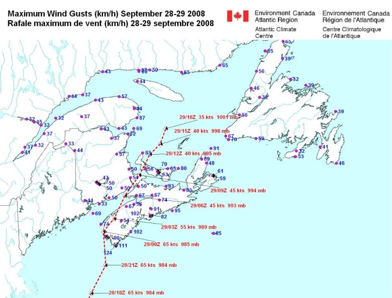 This image shows the track of Kyle and the maximum wind gusts from the storm.