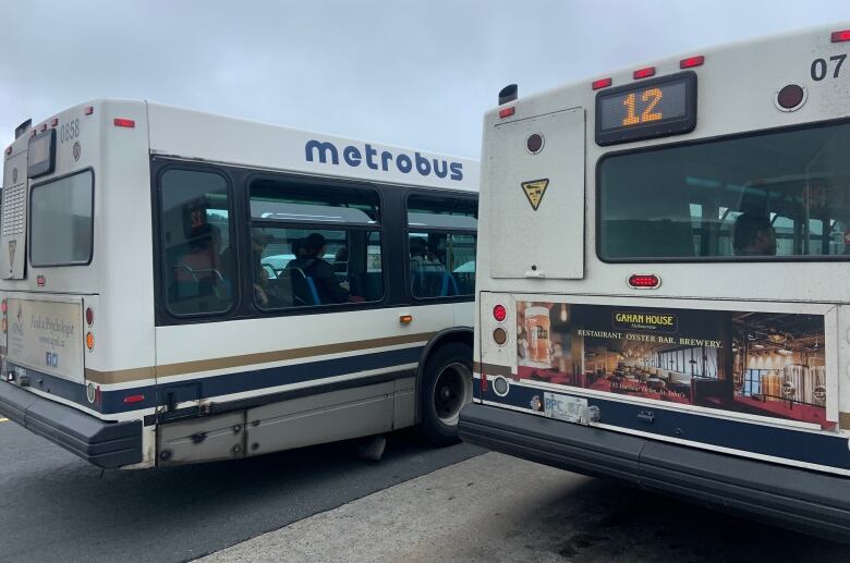 The back ends of two Metrobuses parked next to eachother. One is the 12 and the other is the 10. People can be seen through the windows.