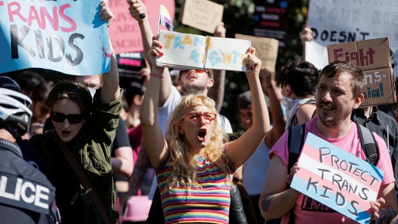 Protesters in support of trans rights at Queen's Park.