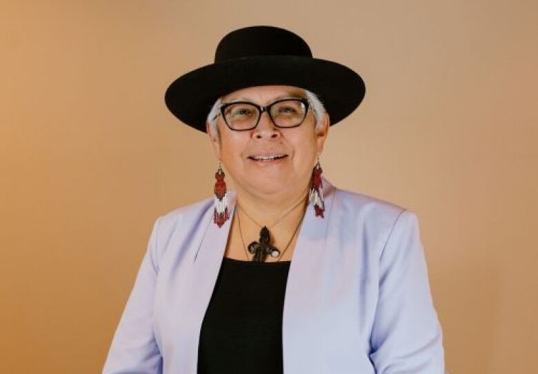 A person wearing a black fedora, black glasses, dangling beaded earrings, and a black top under a lavender blazer.