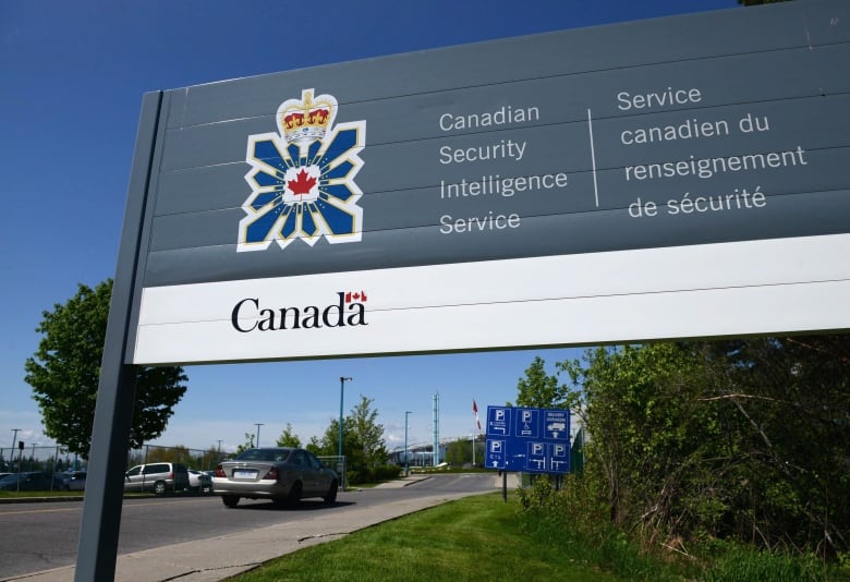 A grey and white sign reading Canadian Security Intelligence Service.