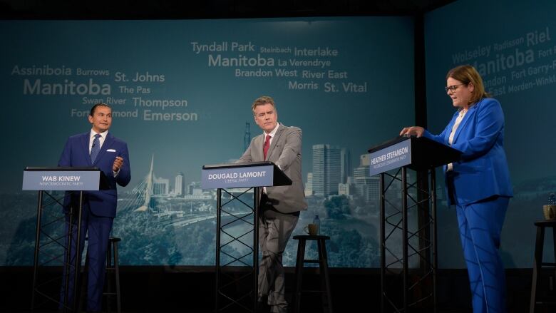 Three people in business attire stand at podiums in a TV studio.