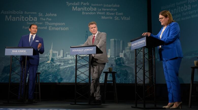 Three people in business attire stand at podiums in a TV studio.