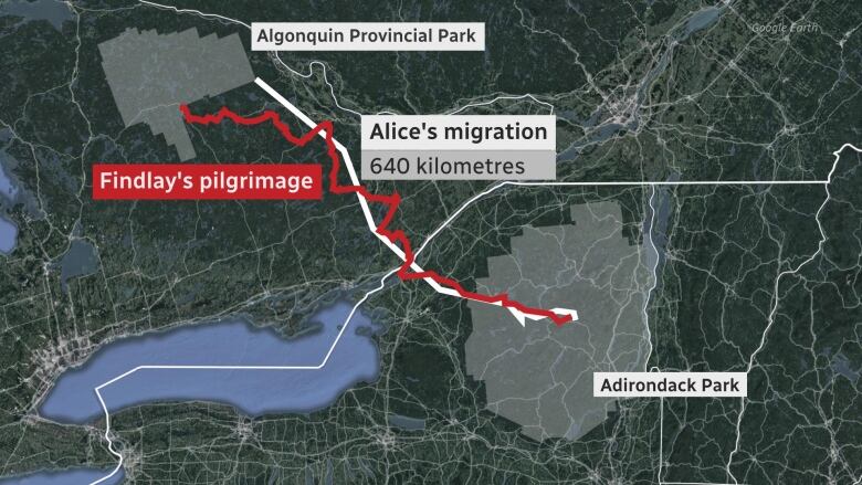 A map showing the path of a trek between two parks.