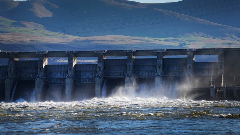 Water flows over a dam.