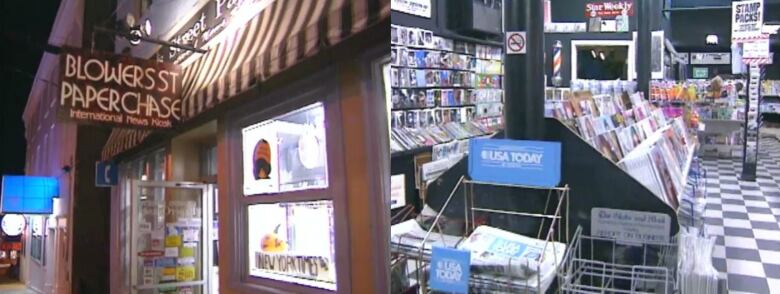 The exterior of a newsstand, including a sign that reads Blowers Street Paperchase, and the interior, showing racks of magazines. 