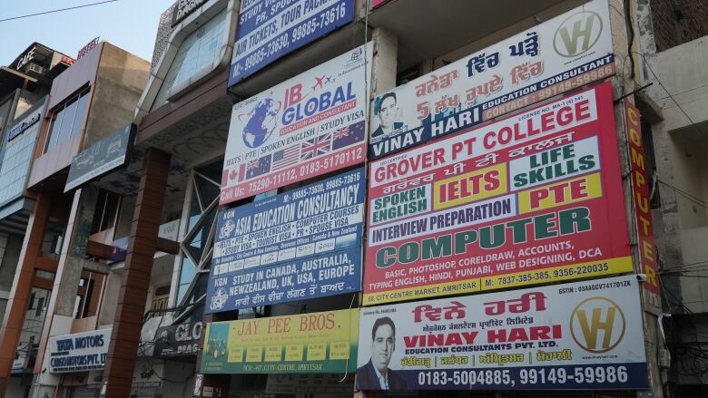 Signs including some advertising international studies are shown on a street.