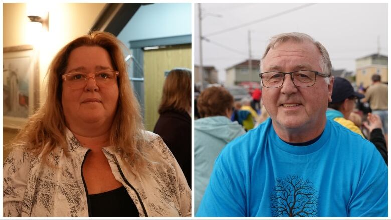 A collage photo of two people. On the left, a woman with a blank stare stands in a hotel space, and on the right is a smiling man wearing a blue shirt with a tree of hope on the front.