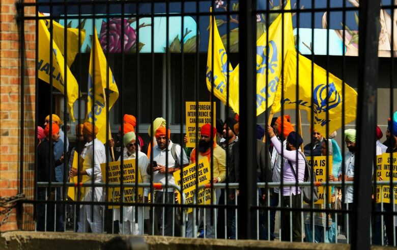 Protesters rally outside the Indian High Commission in Ottawa on Monday, Sept. 25, 2023.