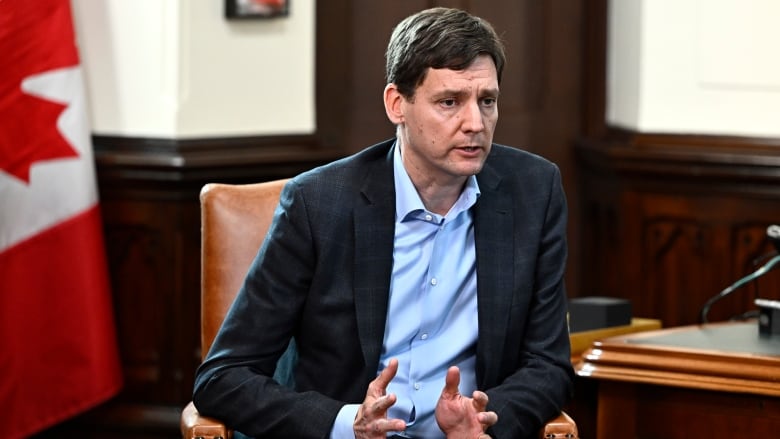 British Columbia Premier David Eby speaks during a meeting with Prime Minister Justin Trudeau, not shown, in Trudeau's office on Parliament Hill in Ottawa, on Monday, Sept. 25, 2023.