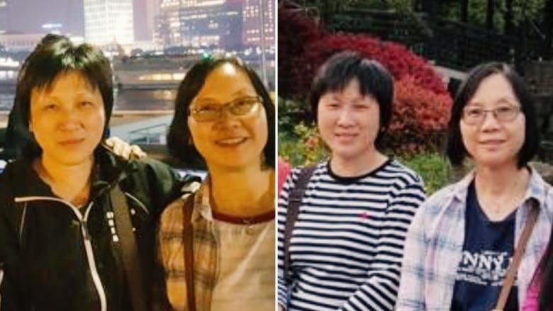 Two side-by-side photographs of Peggy Chan and Eunice Chan on trips they took together.