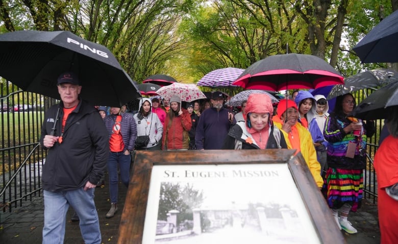 Hundreds of people attended a walk for the National Day for Truth and Reconciliation in the First Nations community of Aq'am on Saturday, Sept. 30, 2023, including a cohort of international students that are living and learning in Aq'am.