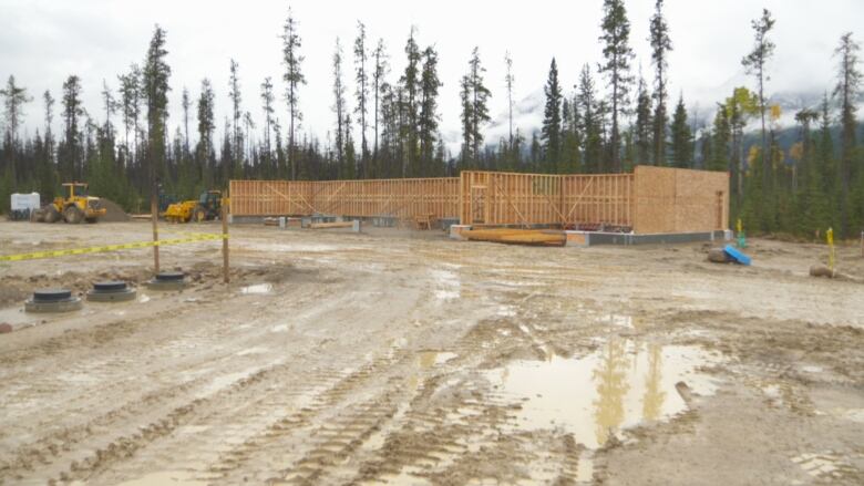 The bare wooden structure of a building is seen in Jasper, Alberta. It will make up one of several buildings for meant for caribou breeding.