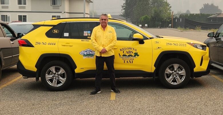 A man wearing a yellow jacket stands in front of a yellow taxi cab.