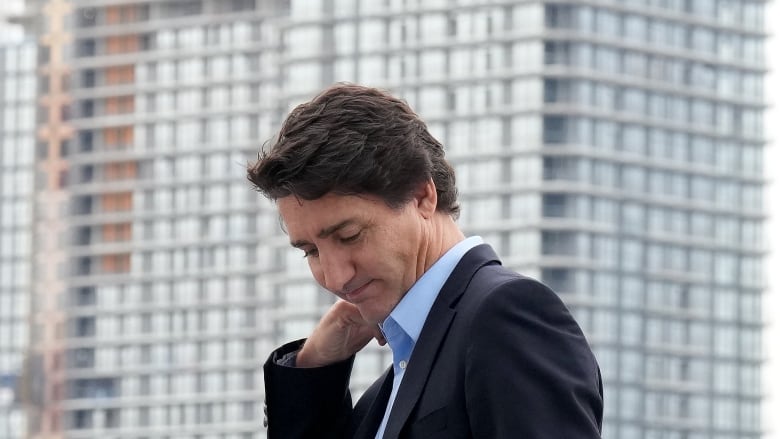 Prime Minister Justin Trudeau, in profile, outside 