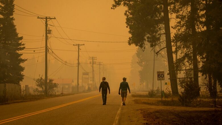 Two people are seen from behind as they walk down an empty road. The sky is orange with wildfire smoke.