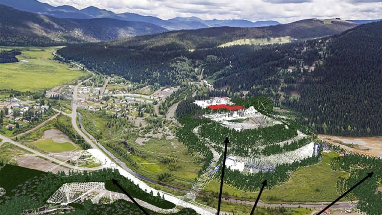 A rendering of buildings and roads overlaid on a photograph of a small town nestled in a mountain valley on a sunny day.