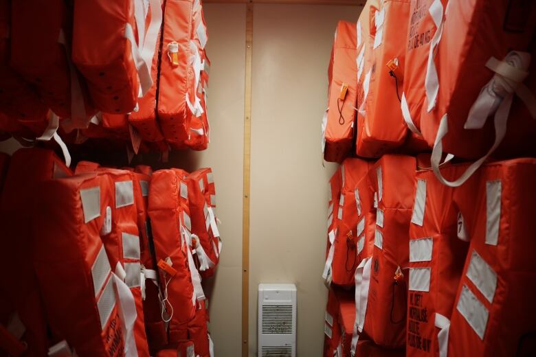 A room full of lifejackets on the Westfield ferry.