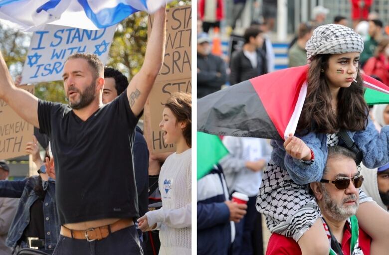 A side by side images shows a man on the left holding an Israeli flag. On the right, a young girl is holding a Palestinian flag.