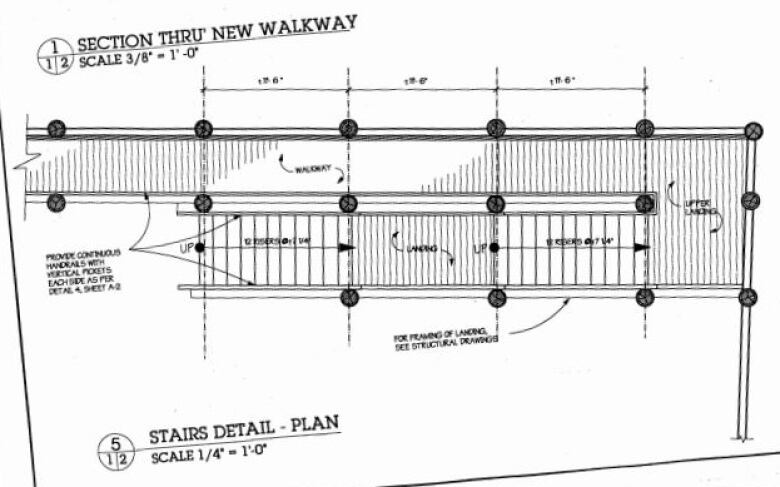 Black and white design plans for a walkway.