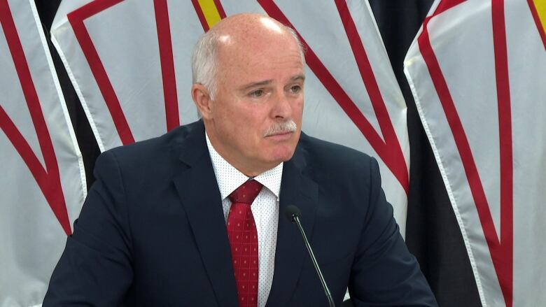 A man sits in front of Newfoundland flags wearing a black tuxedo with a red tie.