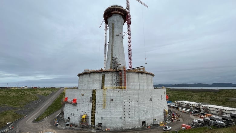 A concrete gravity structure measuring 145 metres in height is pictured inside a graving dock in Argentia.