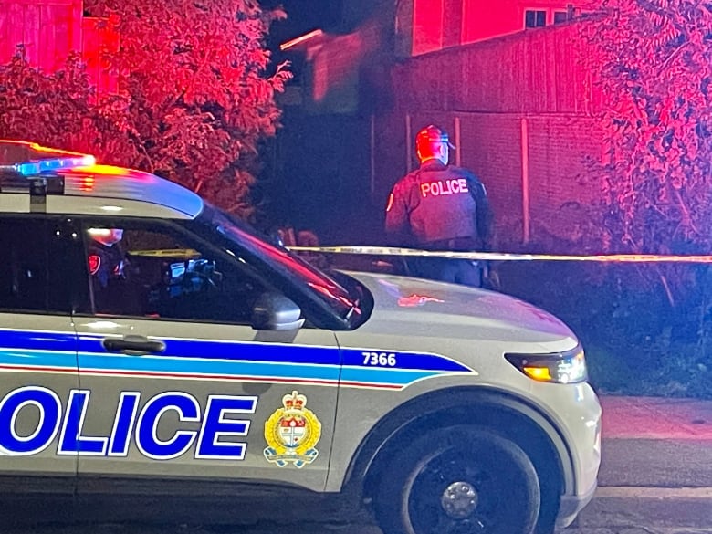 A police officer stands next to a white and blue police vehicle at night in a residential area. The background has a red glow from sirens.