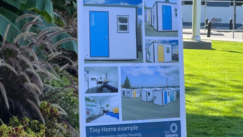 A poster with tiny shelters in a garden. 