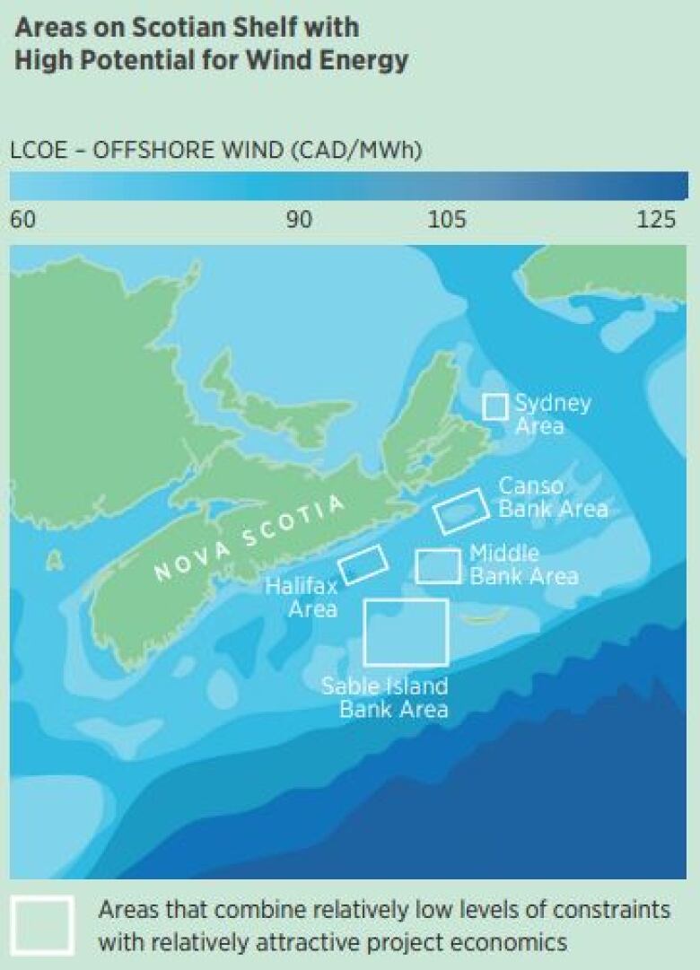 A map of Atlantic Canada shows some of the areas that are attractive for offshore wind project