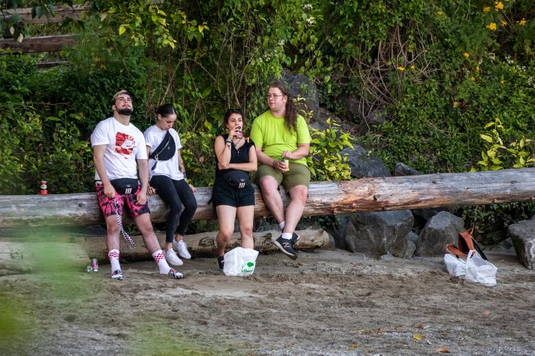 Four young adults with beer cans sit on a log at a public beach 