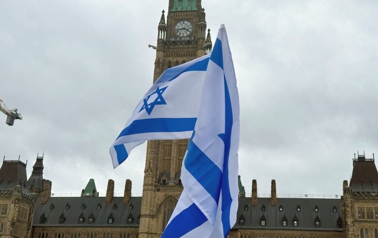 Blue-and-white flags fly in front of a historic building on a cloudy day.