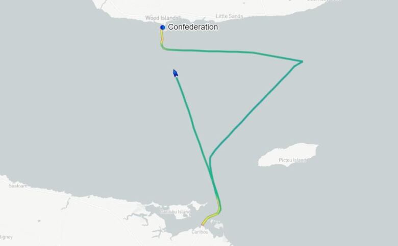 A screenshot from the MaritimeTraffic.com site shows the path MV Confederation has taken on a test run Monday. 