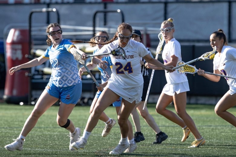 Women on field playing lax.