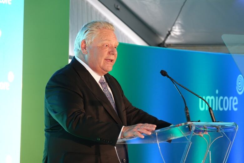 A man in a business suit with gelled blonde hair speaks at a podium.