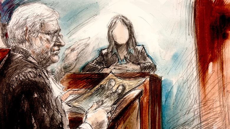 A court sketch shows a lawyer in robes at a podium questioning a woman in the witness box