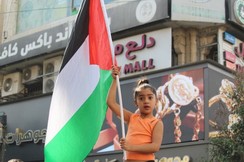 A child holds a flag.