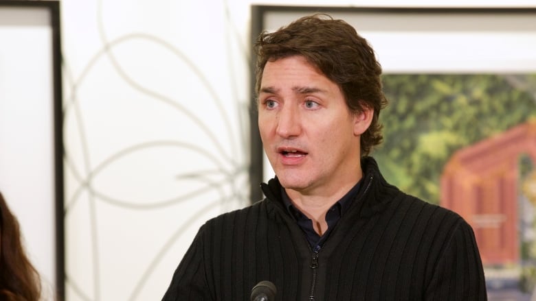 Prime Minister Justin Trudeau stands at a podium