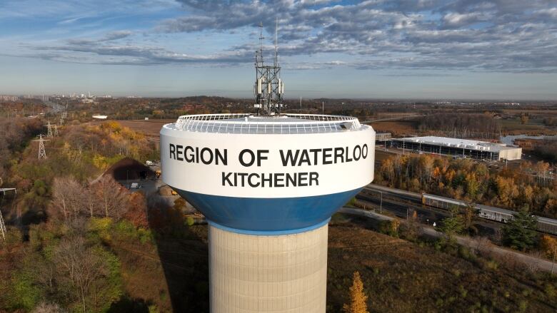 Water tower shot from the sky (using a drone) with the words: Region of Waterloo - Kitchener