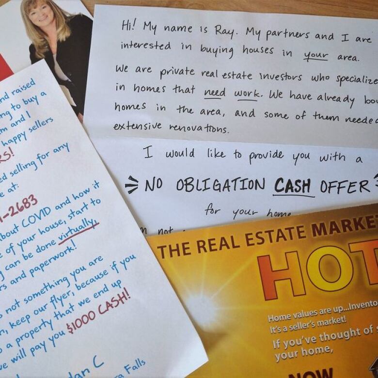 A pile of three hand-written notes in first-person from home buyers to sellers. 