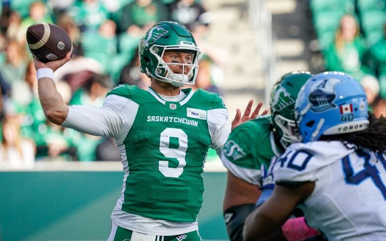 Saskatchewan Roughriders quarterback Jake Dolegala is throwing a ball with his arm cocked backward 