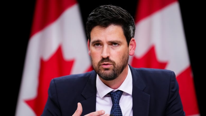 A man in a blue suit and tie speaks at a microphone. Two Canadian flags hang behind him.