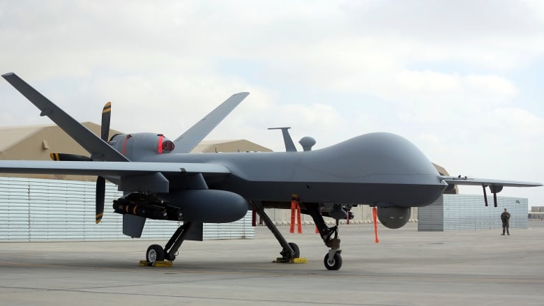 A U.S. MQ-9 drone is on display during an air show at Kandahar Airfield, Afghanistan, Tuesday, Jan. 23, 2018.