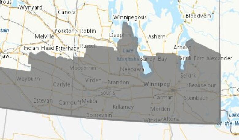 A map shows southern Manitoba with areas of grey marking the regions under a special weather statement.