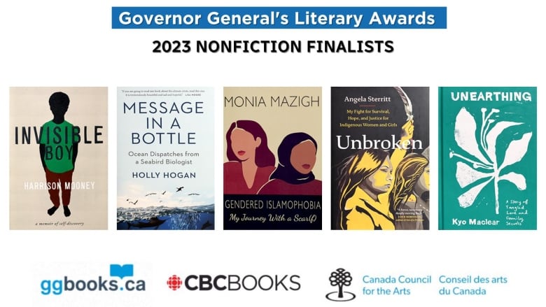 Five book covers, CBC Logo, GG logo and Canadian council for the Arts logo.